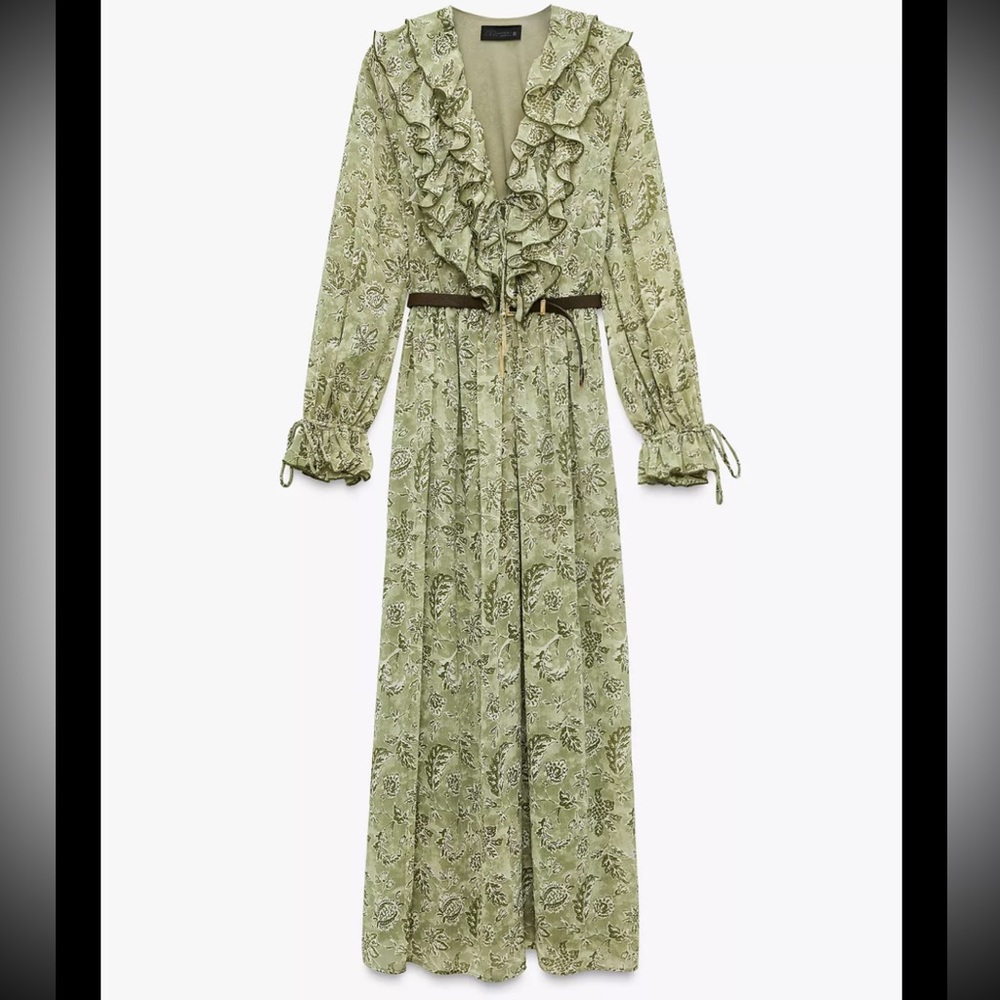 Green Floral Maxi Dress with Ruffle Details